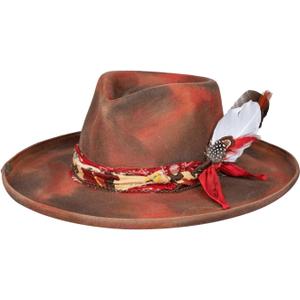 RUEDIGER Vintage Wide Brim Fedora Hats 100% Wool Stiff Felt Hat Rancher Hat with Lightning Logo Handmade Distressed/Burned (7 5/8, Wine Red)