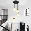 Globe Cluster Chandelier 5-Light, Black Modern Cluster Chandelier with Milk White Glass, Adjustable Globe Staircase Pendant Light for Kitchen Island Dining Room