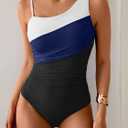 Aidonger One Shoulder One Piece Swimsuit for Women Tummy Control Bathing Suits Color Block Ruched Swim Suit Slimming Swimwear (L)
