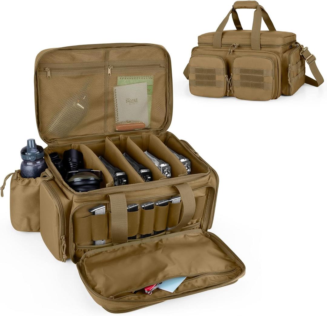 DSLEAF Tactical Pistol Range Bag for 5 Handguns, Shooting Gun Duffle Bag with 9X Magazine Slots for Hunting and Range Outdoor Activities (Khaki)
