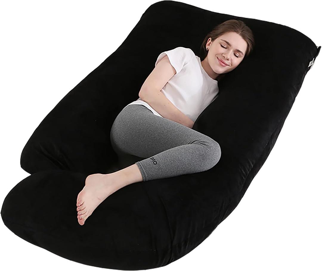 Pregnancy Pillow J-Shaped Full Body Pillow, 59 inch with Velvet Cover Easy to Remove and Wash, Support Pregnant Women's Backs Legs and HIPS, Improve Sleep,Pregnancy Pillow for Women Black (Grey1)