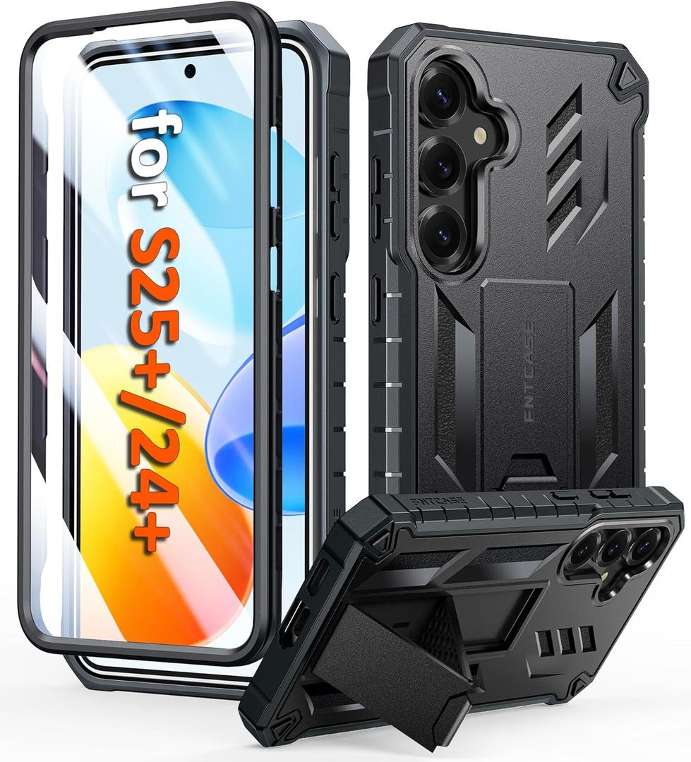 FNTCASE for Samsung Galaxy S25-Plus Case: for Galaxy S24 Plus Case Military Grade DropProof Protection Cover with Kickstand | Matte Textured Rugged Shockproof | Protective Sturdy Phone Case - Black