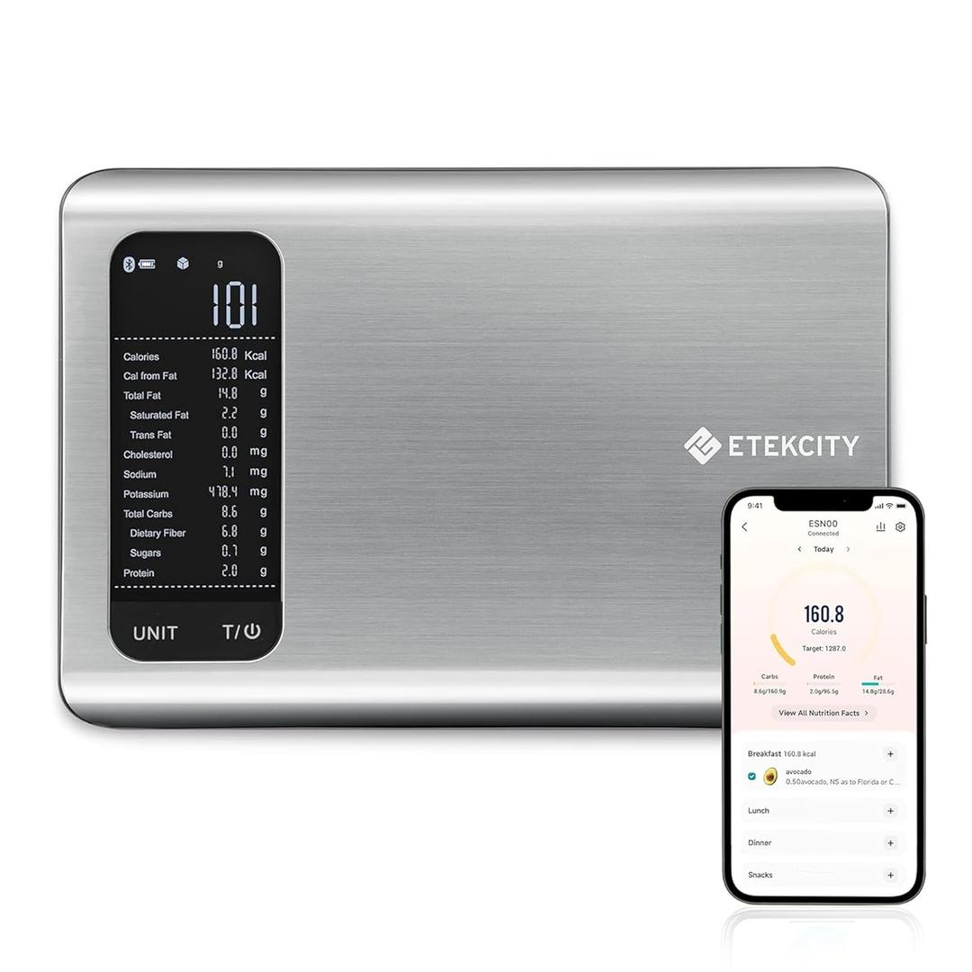 Etekcity Smart Food Kitchen Scale with Nutritional Calculator, Free App with 19 Nutrients Tracking, Calorie, Marco, Digital grams and ounces for weight loss, Premium Stainless Steel, 11lb