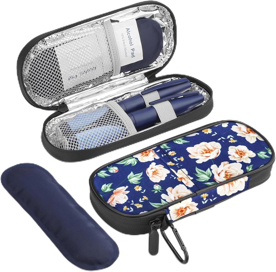 Gelozid Insulin Cooler Travel Case Diabetic Medication Insulated Cool Organizer with 2 Reusable Ice Packs for Insulin Pen and Other Diabetic Supplies, for The Daily Life and Trip, White Flower