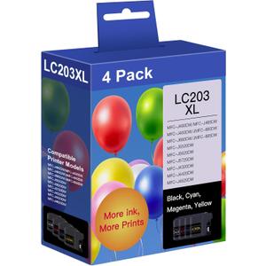 LC203XL Ink Cartridges Compatible for Brother LC203 LC201 High Yield Works with MFC-J880DW MFC-J480DW MFC-J460DW MFC-J4420DW MFC-J485DW MFC-J885DW (Black, Cyan, Magenta, Yellow, 4 Pack)
