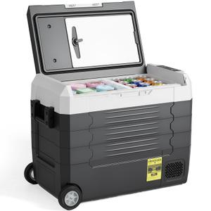 OLIXIS Portable Car Refrigerator, 53QT Dual-Zone Electric Cooler for Vehicles with Wheels & Cutting Board, -4-68 Freezer Smart Control via Bluetooth, Battery Protection, 12/24V DC & 100-240V AC
