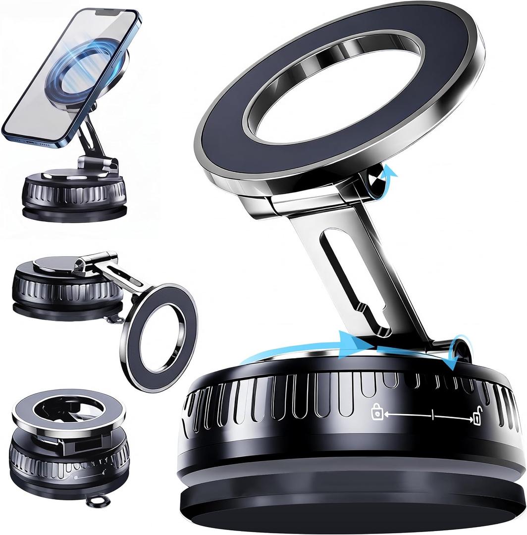 2026 Upgraded Magnetic Car Phone Mount for MagSafe: 360 Rotatable Adjustable Holder with 180+LBS Strong Suction Cup & 4200gf Magnet, Compatible with iPhone Series & Android Devices, Black