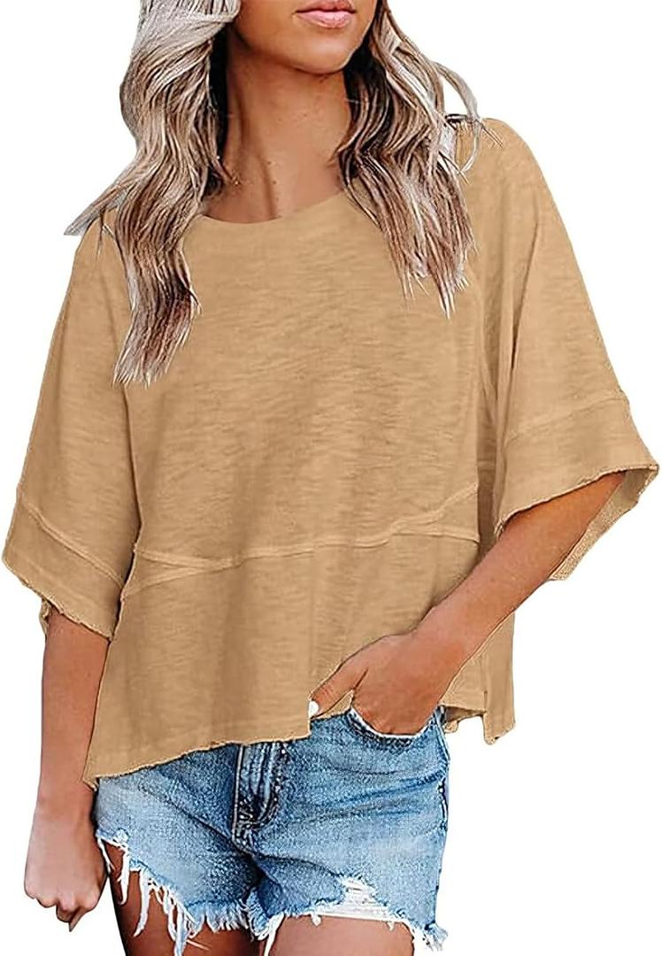 Womens Fashion T-Shirt Crewneck 3/4 Sleeves Solid Color Loose Basic Tops Summer Casual Tees Blouses (Medium, Khaki)