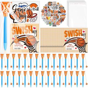 30 Pack Basketball Party Favor Set with Mini Hoop Pens Stickers Exchange Cards and Gift Bags Bulk Gifts Sports Birthday Goodie Bag Fillers for Adult