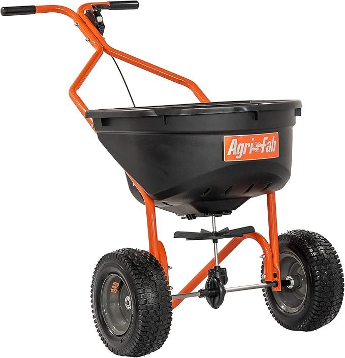 Agri-Fab 45-0576, 110lb Capacity Push Lawn Broadcast Spreader, Approximately Coverage of 1/3rd Acre (17,500 sq. ft.), 10-Ft Spread Width, Enclosed Gear Box, 12-Inch x 4-Inch Pneumatic Tires
