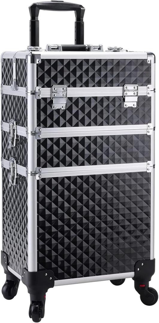 Adazzo 3 in 1 Professional Rolling Makeup Train Case Aluminum Trolley Case with 360 Rotation Wheels for Makuep Artist Cosmetic Suitcase Organizer with Lock and Key Diamond Pattern - Black
