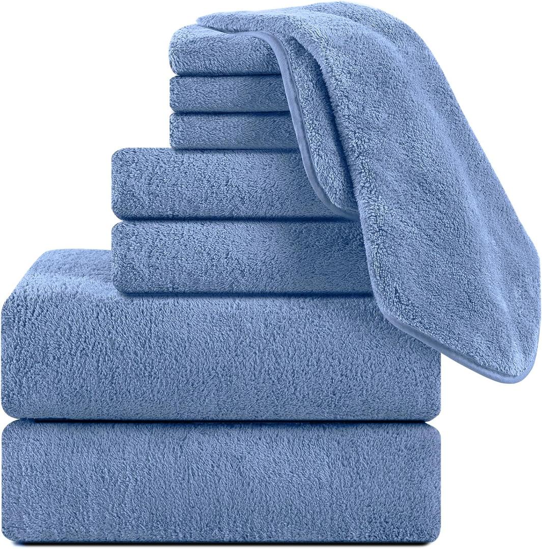 8 Pcs Blue Bath Towel Set,2 Pcs Oversized Towels 35x70 Inches 2 Pcs Hand Towel 4 Pcs Washcloth Bathroom Towel Quick Qry Ultra Soft Hotel Towels,Bath Sheets or Adults