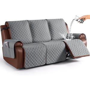 KinCam Waterproof Recliner Sofa Cover, Recliner Couch Covers for 3 Seat Reclining Sofa Cover Furniture Protector with Elastic Straps for Kids, Pets, Grey