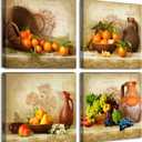 JiazuGo Kitchen Wall Decor Canvas Art for Dining Room Vintage Theme Fruit Pictures Farmhouse Rustic Signs Paintings Bar Accessories Realism Colorful Framed Decorations 4 Pcs/Set (12L" x 12W")