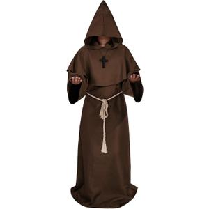 Medieval Hooded Monk Robe Costume Friar Priest Robe Cloak Renaissance Costume Men Cosplay Halloween Costume Wizard Robe (X-Large, Brown)