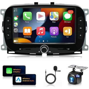 Car Radio for Fiat 500 2016-2019 with Wireless Carplay Android Auto,7 Inch Touch Screen Car Audio Receiver with GPS Navigation/Bluetooth/Mirror Link/WiFi/FM/HiFi/Backup Camera(2G+32G)