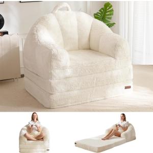 MAXYOYO Folding Sofa Bed, 2 in 1 Convertible Sofa to Lounger Comfy Single Bean Bag Chair for Adults, Floor Sleeper Couch with Handle, Faux Fur Couch Bed for Living Room Bedroom, Beige
