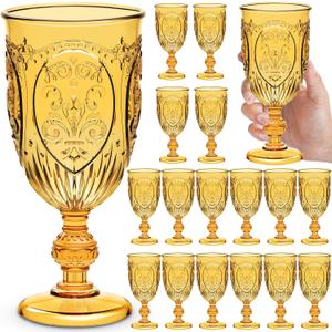 18 Pack Plastic Goblets 10oz Upgrade Vintage Water Goblet Plastic Glasses Colored Retro Embossed Glassware for Party Bar Juice Baby Shower Wedding Reception Grand (Amber)