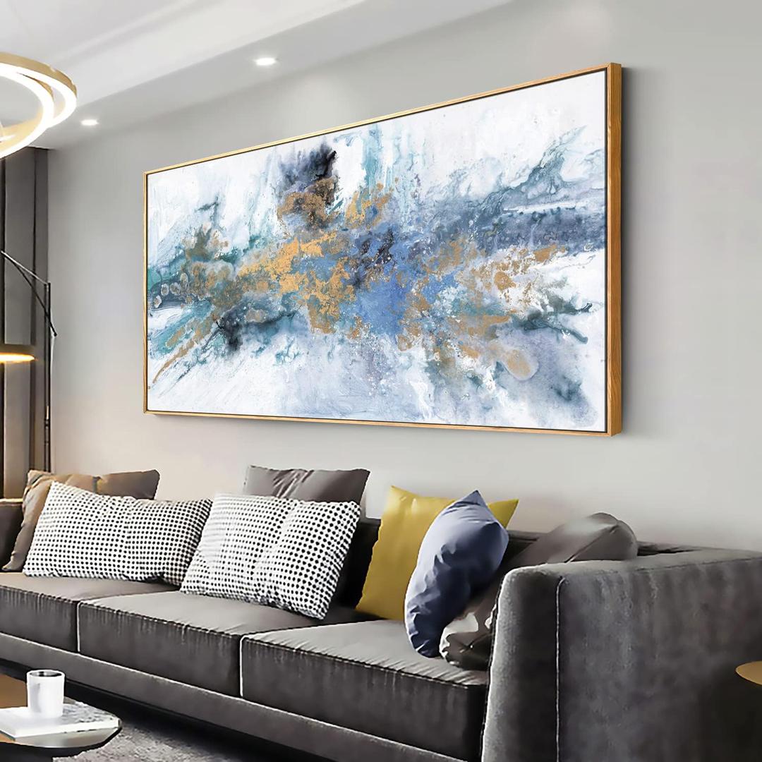 vgrozirh Wall Art Framed Ready to Hang Wall Art Modern Fantasy Paintings Navy Blue Yellow Abstract Wall Art Prints Canvas Painting Large Size for Living Room Bedroom Office Decoration 20"x40" (40L" x 20W", White)