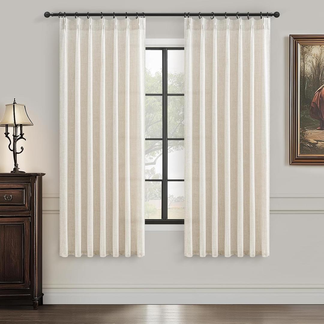PleatedDrapes Light Filtering Kitchen Curtains 63 Inches Long 2 Sets, Basement Curtains for Small Window Cream Beige Pinch Pleated Linen Blend Short Semi Sheer Back Tab for Bay Windows Birch, 40"W x 63"L( Pack of 2)