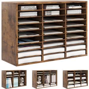 Alpeir Wood Desk Paper Organizer, Hold 13500 Sheets A4 Papers, 27 Slots Adjustable Literature Organizer with Removable Shelves, Classroom Mailbox for Teacher Student Assignment, Rustic Brown