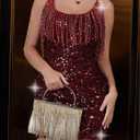 Women's Sparkling Sequin Fringe Mini Dress Party Clubwear Sleeveless Spaghetti Strap Bodycon Dress (L)