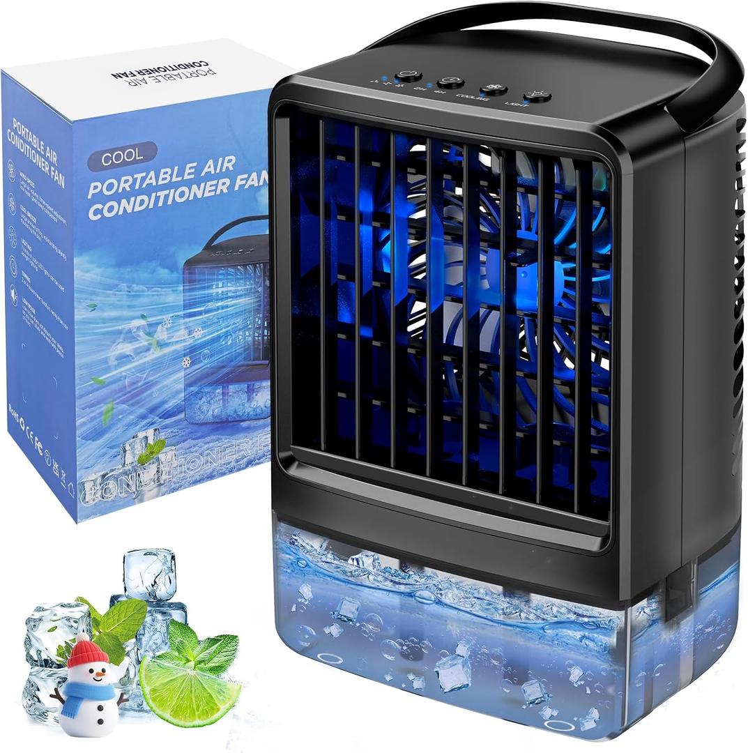 Portable Air Conditioner,Personal Mini Air Conditioners,Small Portable AC,3-Speed Desk AC Fan,Evaporative Air Cooler with Timer Function,7-Color Night light,Mist Modes for Bedroom,Office,Room(Black)