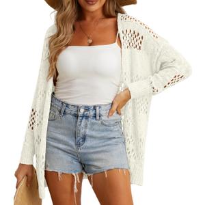 GRECERELLE 2025 Women Summer Crochet Boho Long Sleeve Lightweight Oversized Open Front Cardigan Sweaters Kimonos Tops (Large, 01 White)