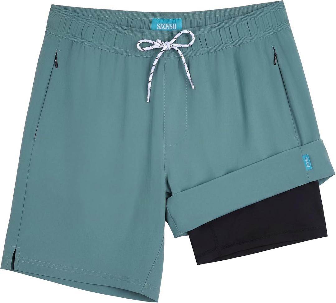 Sixfish Mens Swim Trunks with Compression Liner 5 Inch,2-in-1 Bathing Suit (M)