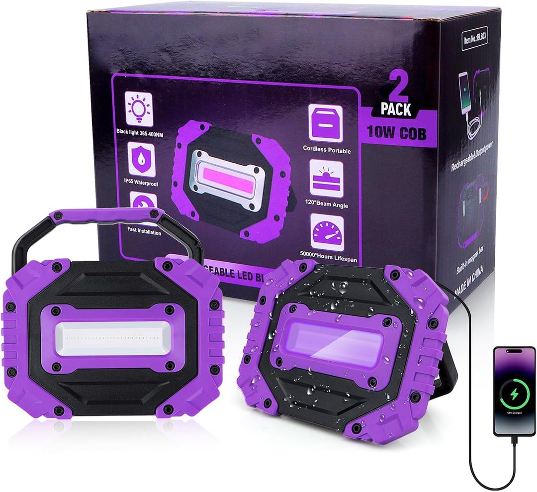 Roperry 2 Pack Rechargeable Black Light, 5000mAh Cordless Battery Powered Magnetic Portable LED Blacklight, 395nm Ultraviolet Flood Light for Glow, Dark Party, Catfishing, Halloween (2 Pack)
