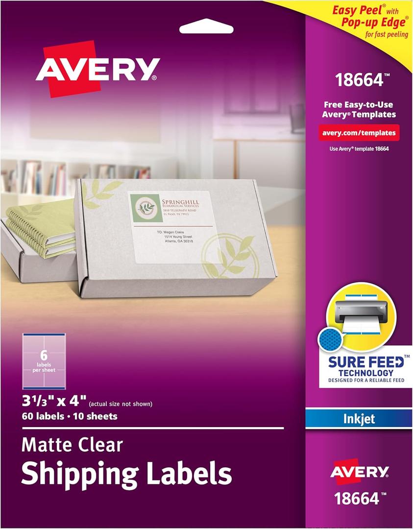 Avery Printable Shipping Labels with Sure Feed, 3-1/3" x 4", Matte Clear, 60 Blank Mailing Labels (18664)