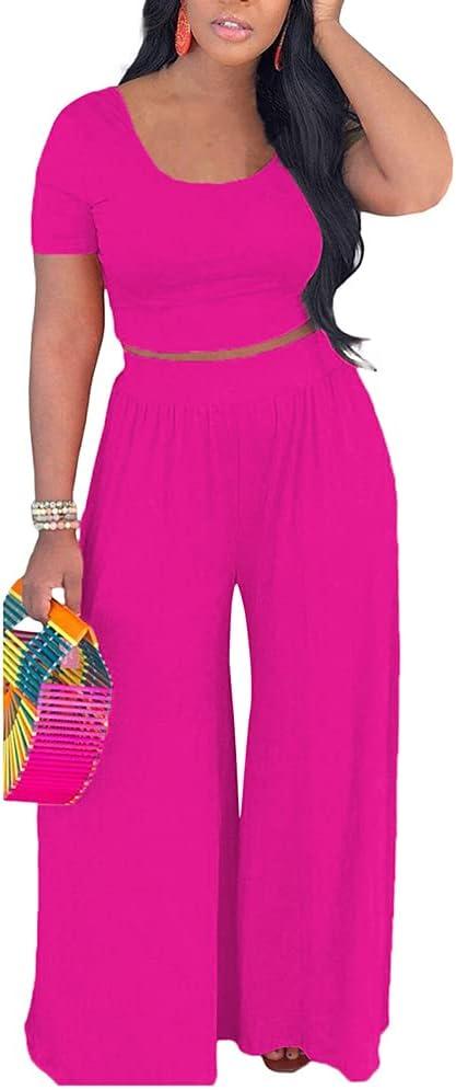 2 Piece Outfits for Women Sexy Backless Short Sleeve Crop Top High Waist Wide Leg Long Pant Sets Tracksuit Sport Set (Pink, XXXL)