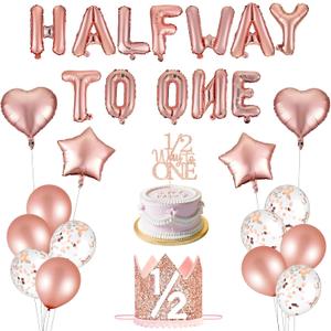 Half Birthday Decorations Girls - Half Way To One Balloons, 6 Months Birthday Decorations & 1/2 Birth-day Party Supplies Kit | HalfWay to One Banner Balloons, Glitter Crown, Cake Topper (Rose Gold)