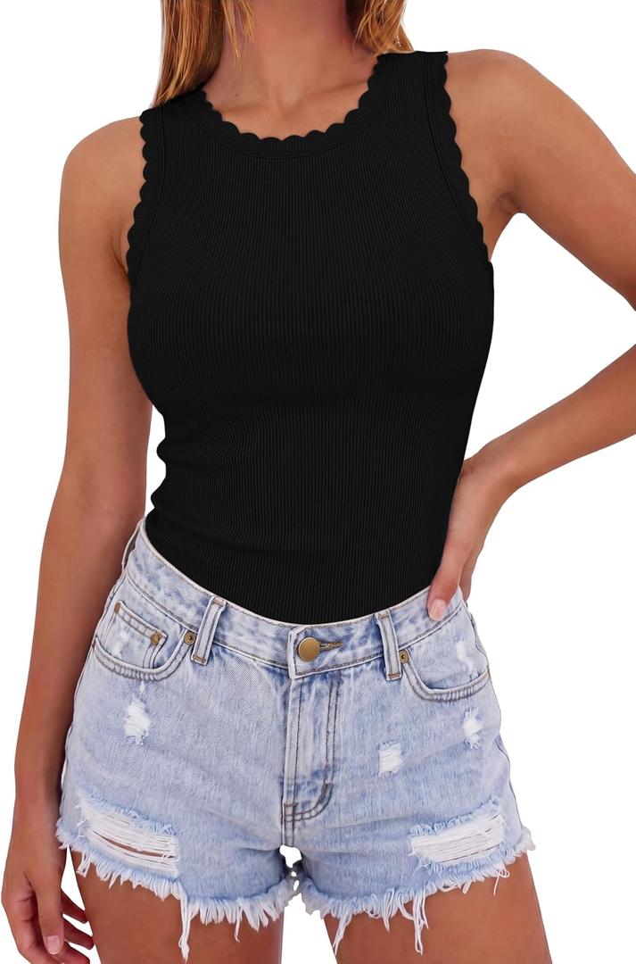 Sampeel Womens Tank Tops Fitted Sleeveless Ruffle Crew Neck Ribbed Knit Shirts 2026 Cute Summer Fashion Clothing (XL)