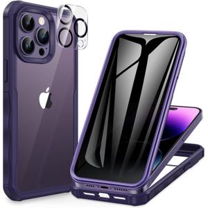 CENHUFO Privacy for iPhone 14 Pro Case, Full Body Phone Case with Built-in 9H Tempered Glass Privacy Screen Protector and Camera Lens Protector, Anti Peep Shockproof Bumper Clear Cover - Deep Purple