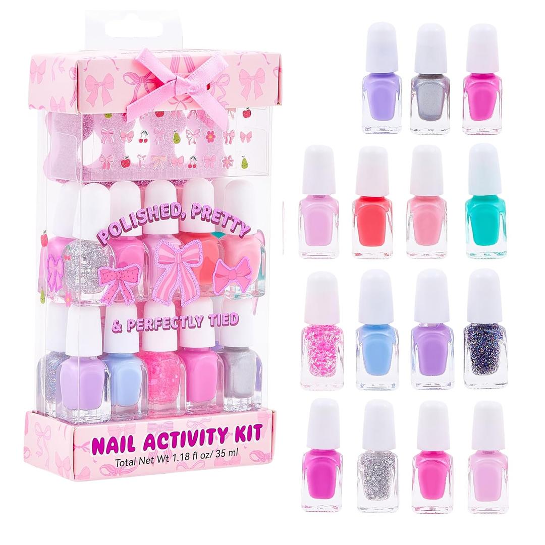 SIMPLE PLEASURES Pink Bow Kids Nail Polish Set for Girls  14 Water-Based Non -Toxic Nail Art Kit - Gift Set for Ages 7-12