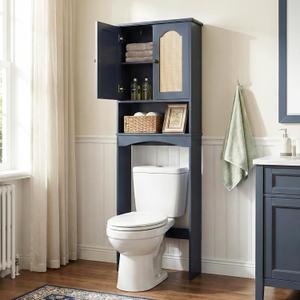 Over The Toilet Storage Cabinet with Rattan Doors, Boho Farmhouse Bathroom Organizer Over Toilet, 5-Level Adjustable Bottom Bar Fits Water Valve, 3 Adjustable Inner Shelves, Navy Blue, 24"x70"