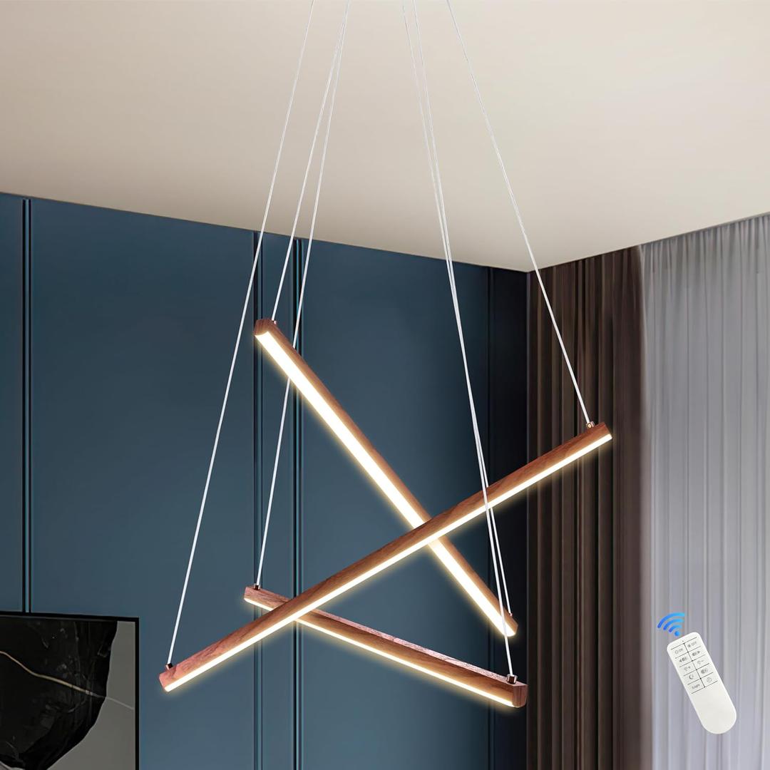 23" Walnut 3-Light Modern Led Chandelier for Kitchen Dimmable Linear Led Chandelier Bedroom Modern Pendant Light with Remote Control for Living Room Kitchen Bedroom Foyer