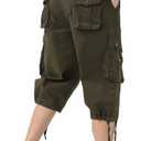 Mens Long Cargo Shorts Elastic Waist Stretch Twill Cotton 3/4 Multi Pockets Below Knee Cargo Shorts for Men (Green)