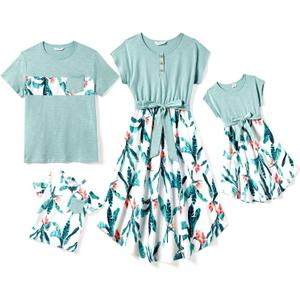 PATPAT Family Matching Outfits Short Sleeve Mommy and Me Outfits Belted Dresses and Casual T-Shirts Matching Sets (Small, Celadon)