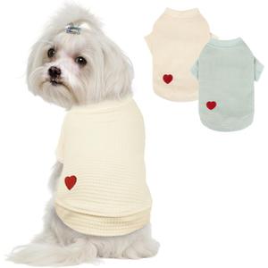 2-Pack Waffle Dog Shirts for Small & Medium Dogs, Cozy Breathable Stretchable Puppy Clothes with Embroidered Heart Design, Cute Dog Tee Shirt for All Seasons, Small, Yellow & Green