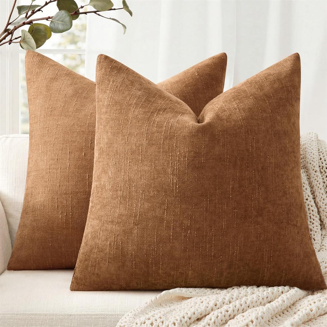 ANRODUO Pack of 2 Decorative Textured Throw Pillow Covers Soft Bronze Square Accent Solid Chenille Cushion Cover Cozy Farmhouse Pillow Case for Couch Sofa Bedroom Living Room Home Decor 20x20 Inch
