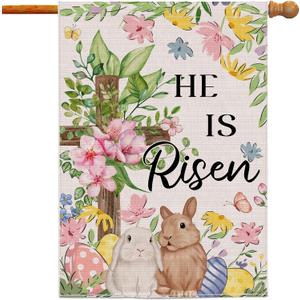 Easter Bunny Flag 28x40 Inch Double Sided Outside, He Is Risen Easter Flag Lamb Flowers Cross Decorations Outdoor Yard Burlap