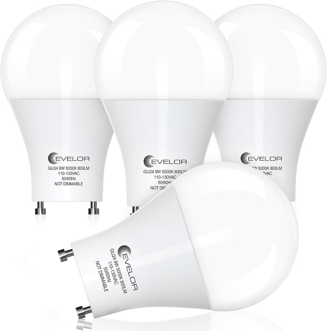 Evelor GU24 LED Light Bulb, 60 Watt Equivalent Daylight White 5000K, Non-Dimmable, Efficient 9W, 800 Lumens Twist and Lock 2 Prong Light Bulbs, 15000 Hours, Ideal for Kitchen, Living Room, Bedroom, 4-Packs