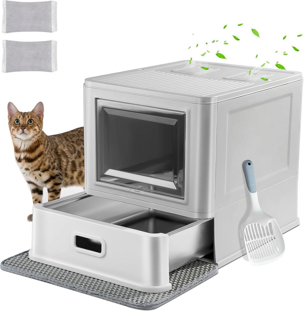 Marchul Enclosed Stainless Steel Cat Litter Box with Lid & Drawer Design for Indoor All Lifestyles Cats, Metal Covered Cat Litter Box, Baffles for Anti-Leakag, with Litter Scoop & Litter Mat