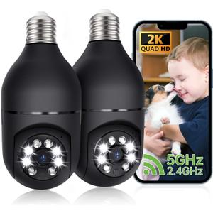2K Light Bulb Security Camera, 2.4/5GHz Wi-Fi 6 Security Cameras Wireless Outdoor, 360 PTZ Cameras for Home Security with Color Night Vision, AI Human Detection, 2 Way Talk, Easy Installation, 2 Pack (Black)