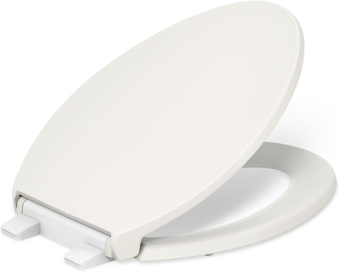 KOHLER K24495-A-96 Border ReadyLatch Quiet-Close Elongated Toilet Seat, Soft Close Toilet Seat, New Home Essentials, Biscuit