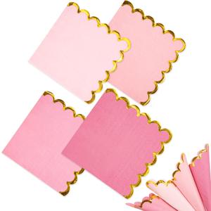 100 Pack Disposable Cocktail Napkins, 5 x 5 Inches, 2-Ply, Scalloped Edge, for Dinner Wedding Birthday Party Bridal Anniversary Reception Event (100, Gold Pink)