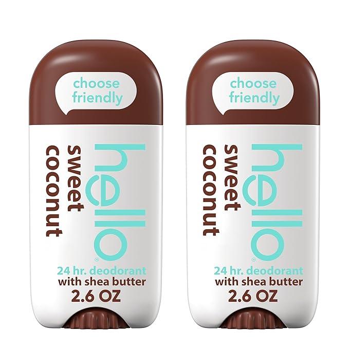 hello Sweet Coconut Aluminum Free Deodorant for Women and Men with Shea Butter, 24Hour Freshness, Baking Soda Free Deodorant, Dermatologically Tested, 2.6 oz Stick (2 Pack)