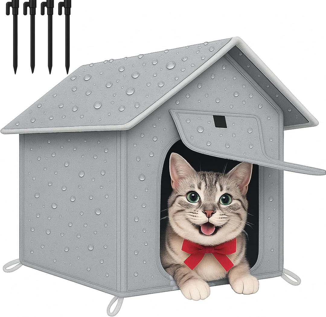 Loyareal Outdoor Cat House with Cozy Cushion, Waterproof Insulated Cat Houses for Outdoor Cats, Shelter for Feral Pet Outside, Design for All Weather, Light Grey